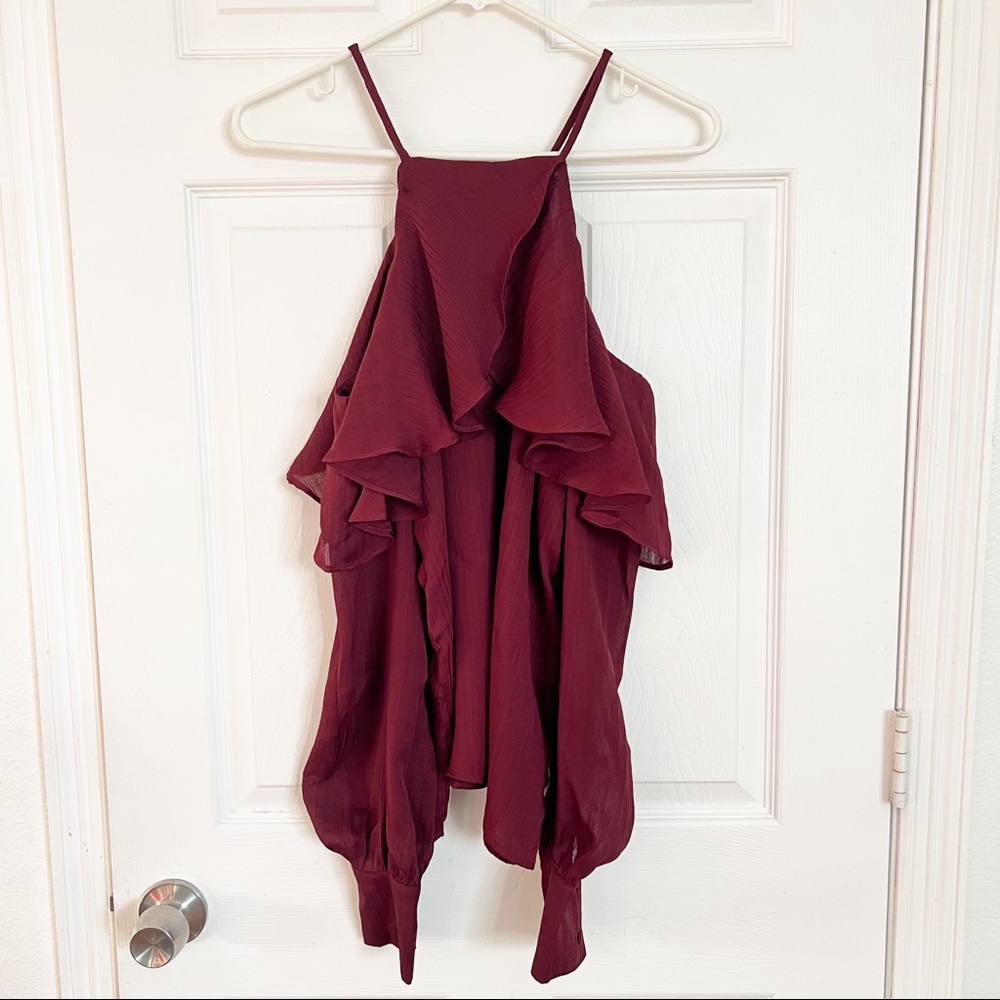 Line + Dot | Burgundy Violet Ruffle Long Sleeve Halter Top